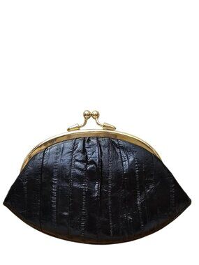 Lee Sands Eel Skin Double Coin Change Purse Black with Kiss Lock Vintage